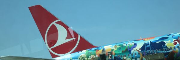 ein Flugzeug der Turkish Airlines in buntem Spezial-Kleid